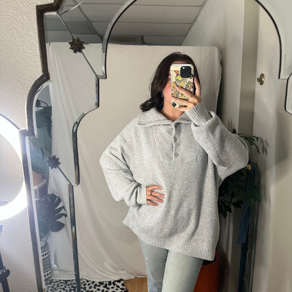 Aerie CozyUp Waffle Button Pullover Sweater Gray Size Large Cozy - Picture 6 of 6
